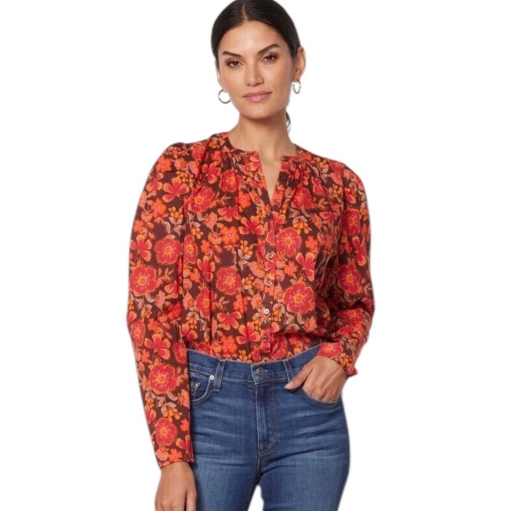 Sundry Anthropologie Floral Button Down Puff Sleeve Blouse Brown Red Size 1 (S) - Picture 2 of 11